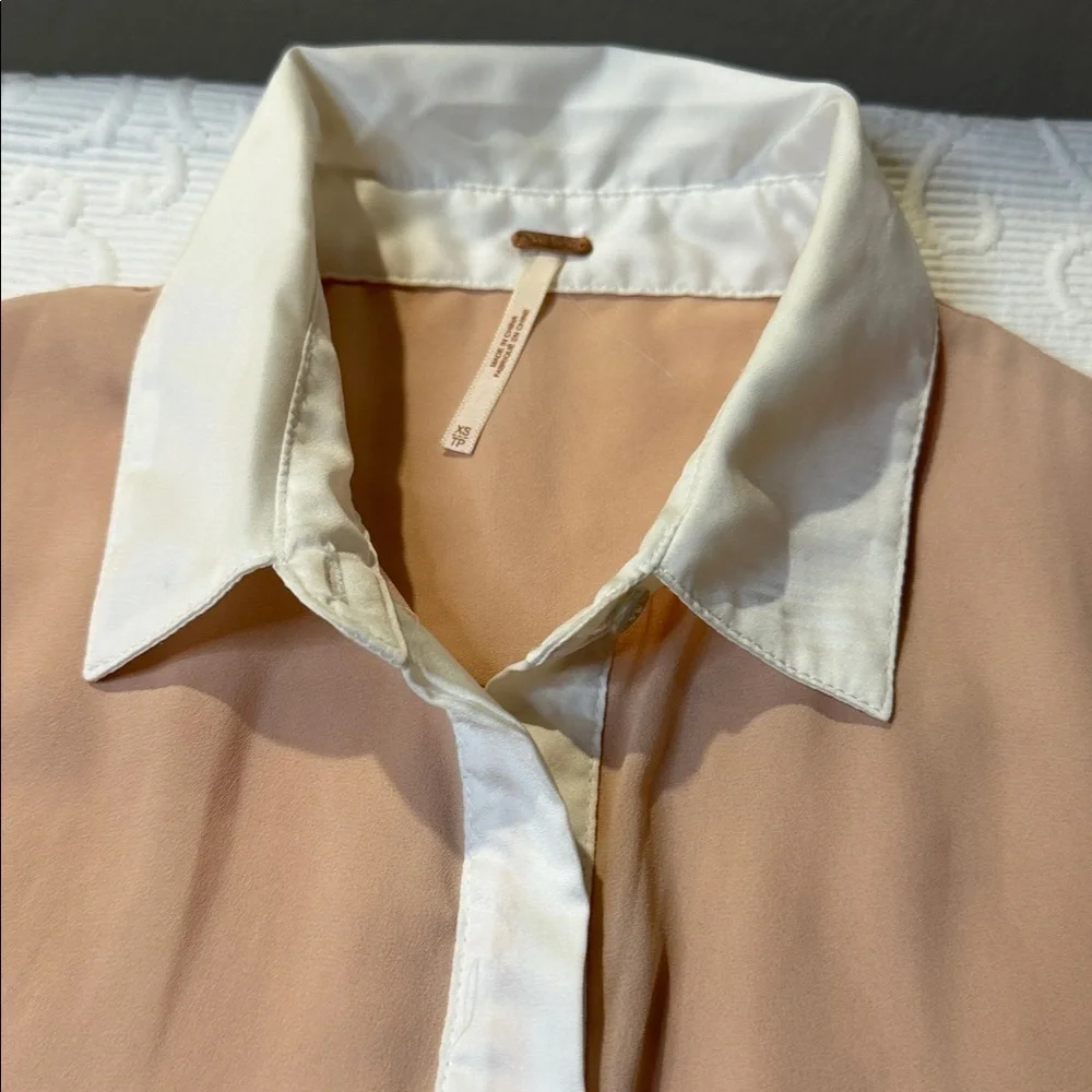 Free People Blouse Hidden Button Down Front. Size XS. Sheer Satin Trim. Pocket